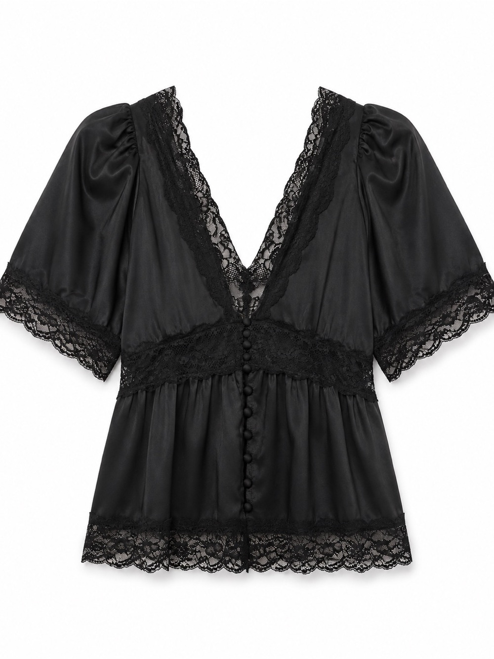 Buckle Black Satin Lace-Trim Button Front Chemise Top